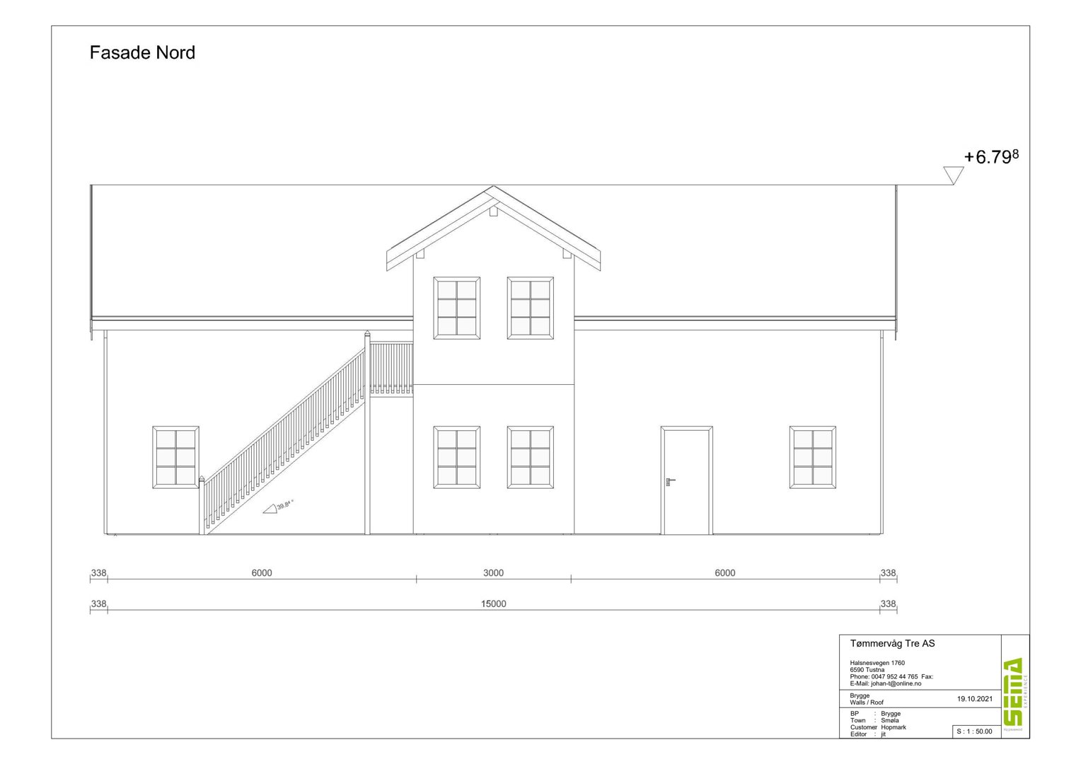 Fasadetegning (opprikk) av en bygning sett fra nord, med dimensjoner og høydeangivelse.