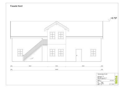 Fasadetegning (opprikk) av en bygning sett fra nord, med dimensjoner og høydeangivelse.