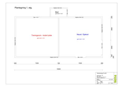 Etasjeplan for 1. etasje som viser romfordeling (Treningsrom, Naust/Sjøbod, Bod) og mål.