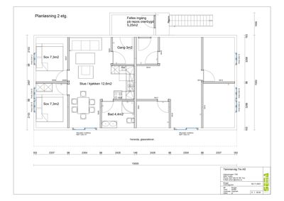 Etasjeplan for 2. etasje med romfordeling (stue, soverom, bad) og mål.