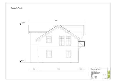 Fasadetegning av bygning sett fra vest, med mål og høydemål.