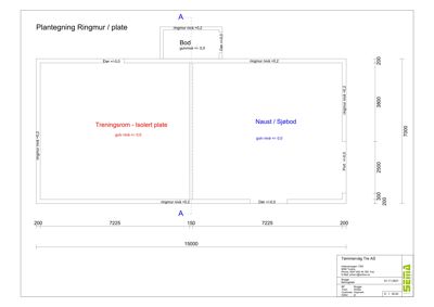Etasjeplan (plantegning) som viser romfordeling, dimensjoner og nivåer for en bygning med treningsrom og naust.