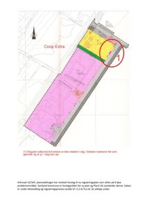 Situasjonsplan som viser tomtens beliggenhet i forhold til nabolag (Coop Extra, P2), med fargekodet arealbruk og en markering av et problemfelt.