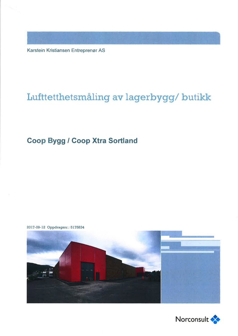 Fotografi av en rød bygning (lagerbygg/butikk) med bildebeskrivelse om lufttetthetsmåling.