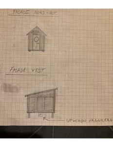 Håndtegnet fasadetegning som viser oppriss av bygningen sett fra nord-øst og vest.