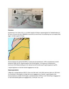 Bildet viser en situasjonsplan (situasjonskart) med håndtegnede merknader om eiendomsgranser og planstatus.