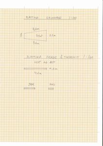 Håndskrevet tegning som viser etasjeplan (grunnriss) og fasade/tverrsnitt for en bygning.