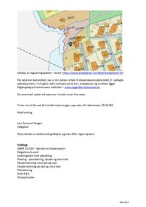 Bildet viser et utklipp fra en reguleringsplan med en markert tomt (35/233) og omgivende bebyggelse. Under bildet er det en tekstbeskrivelse av en saksbehandling.