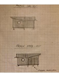 Håndtegnet fasadetegning som viser utsiden av en bygning sett fra to ulike vinkler (Sør-Øst og Nord-Vest).