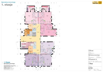 Etasjeplan for 1. etasje av Bjørneklova barnehage, som viser romfordeling, vegger og dører.
