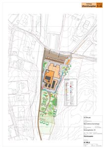 Situasjonsplan (Utomhusplan) som viser bygningens plassering i forhold til tomme, veier og omgivende terreng.