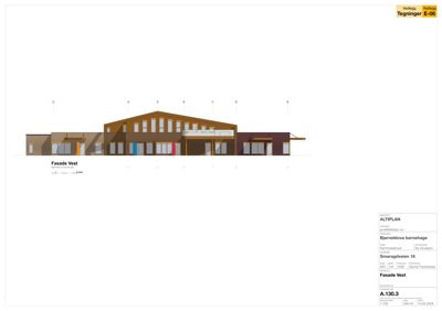 Fasadetegning (opprikk) av Bjørneklova barnehage sett fra vest.