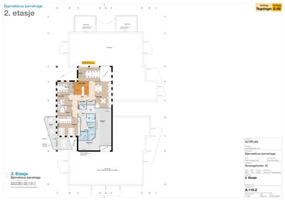 Plantegning av 2. etasje for Bjørneklova barnehage, som viser romfordeling og funksjoner.