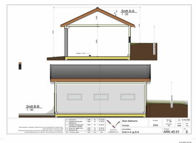 Tegning som viser fasadeopprikk (Snitt A-A og B-B) av en garasje med mål og konstruksjonsdetaljer.