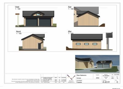 Fasadetegning som viser bygningens utseende fra fire sider (Vest, Sør, Nord, Øst) samt en 3D-visualisering av hele fasaden.