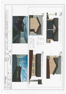 Fasadetegning med oppriss av bygningens fire sider (Nord, Sør, Øst, Vest) inkludert mål og detaljer.