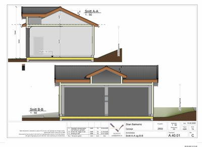 Snittegning (Snitt A-A og B-B) av en garasje som viser konstruksjon, høyder og takform.