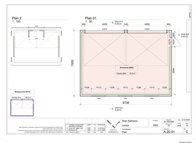 Etasjeplan (Plan 01 og Plan 2) som viser romfordeling, mål og bruksareal for en garasje.