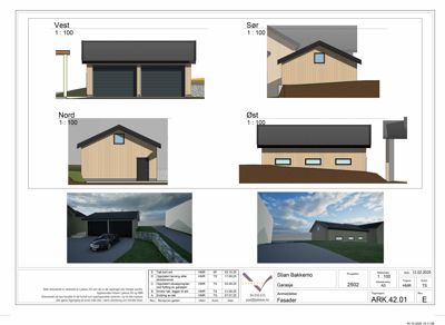 Fasadetegning med 3D-visualiseringer av en garasje sett fra alle fire sider (Vest, Sør, Nord, Øst), samt to perspektivbilder.