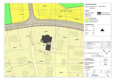 Situasjonsplan som viser eiendomsgranser, bebyggelse, vegnett og arealregulering for tomt 52/241 i Stamsund.