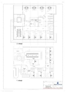 Plantegning som viser romfordeling og funksjon for 1. og 2. etasje i et kontorbygg.