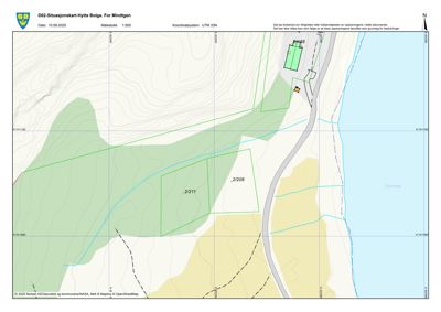 Situasjonskart som viser tomtens beliggenhet i forhold til nabolag, vei og vann (Storvika), samt arealoppdeltning (grønnfarget område).