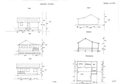 En tegning som viser fasadeopprikk for en bygning sett fra fire sider (Vest, Nord, Sør, Øst) samt et snitt og en plantegning.