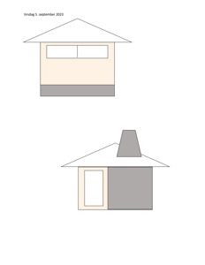 Bildet viser to fasadetegninger (opprikk) av en bygning sett fra utsiden. Den øverste tegningen viser en frontvegg med vindu og tak, mens den nedre viser en sidevegg med dør, vindu, tak og skorstein.