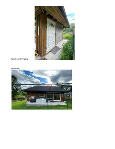Fotografier av en bygning (hus) fra to ulike vinkler: fasaden mot nord med inngang, og fasaden mot øst.