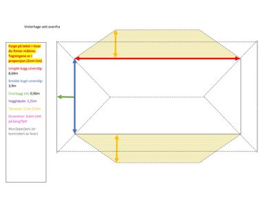En teknisk tegning som viser et tverrsnitt (snitt) av en bygning (Vinterhage) sett ovenfra, med angitte mål og dimensjoner.