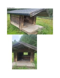 Fotografier av et lite, åpent trehus (merket 'Hundehus type A') sett fra utsiden.