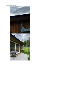 Fotografier av en takoverbygging med tekstbeskrivelse 'Takoverbygg (90cm)'. Bildene viser fasaden og taket på et hus.