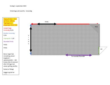 Etasjeplan (innvendig) av en vinterhage med angitte mål, romfordeling og konstruksjonsdetaljer.