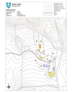 Situasjonskart fra Øvre Eiker kommune som viser tomtens beliggenhet, høydeforhold (konturlinjer), eksisterende bygninger og planlagte inngrep.