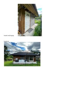 Fotografier av en bygning sett fra utsiden, med tekster som identifiserer fasadene (nord/inngang og øst).