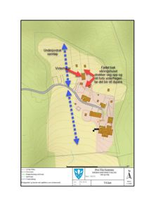 Situasjonsplan (VA-kart) som viser vann- og avløpsanlegg, topografi og bygningsplassering.