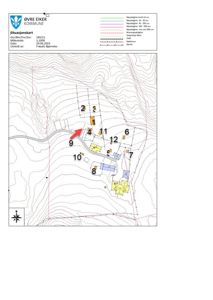Situasjonskart fra Øvre Eiker kommune som viser tomtedeling, høydemålerlinjer og bygningsplasseringer.