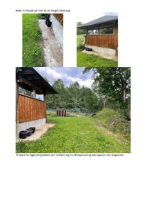 Fotografier av en bygning (våningshus) sett fra utsiden, inkludert fasade, grunnmur og omgivende terreng.