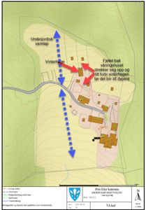 Et VA-kart (vann og avløp) som viser et vann- og avløpsnett i en byggeområde, inkludert underjordisk vannløp, overvann, pumpeledning og spillvann.