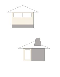 Bildet viser to fasadetegninger (opprikk) av en bygning sett fra utsiden, med angivelse av materialer og vindusoppsitt.
