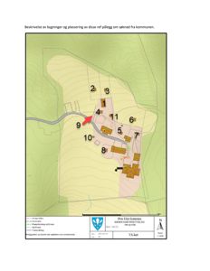 Situasjonsplan (VA-kart) som viser plassering av bygninger (1-11) i forhold til terrenget, vannveier og infrastruktur.