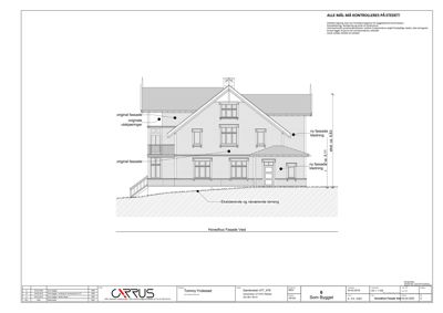 Fasadetegning av en bolig med merknader om endringer på fasaden.