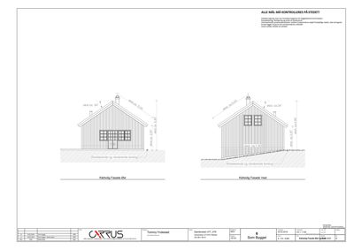Fasadetegning som viser fronten av en bygning sett fra øst og vest med mål og detaljer.