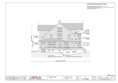 Fasadetegning av hovedhus sett fra øst, som viser planer for fasadeoppussing og materialvalg.