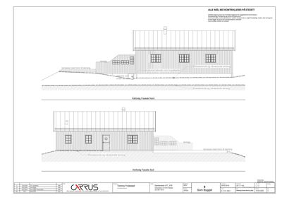 Fasadetegning som viser bygningens utseende sett fra nord og syd, inkludert terrasser og vindusoppsett.
