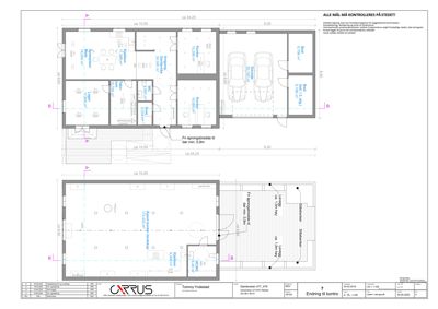 Etasjeplan for en bolig med romfordeling, mål og parkeringsplasser