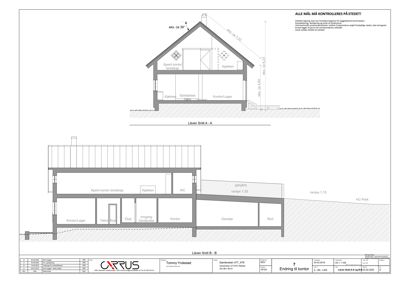 Bildet viser to snittegninger (Låven Snitt A - A og Låven Snitt B - B) av en bygning, som viser romfordeling, høyder og konstruksjon.