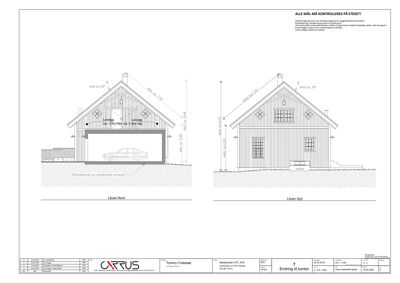 Fasadetegning som viser bygningens utseende sett fra Nord og Syd, inkludert mål og detaljer.