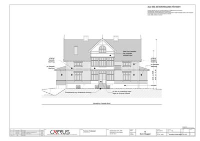 Fasadetegning av en bolig sett fra nord, som viser fasadebehandling og utvendige detaljer.