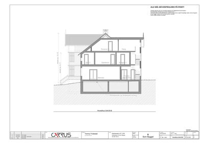 Snittegning som viser tverrsnittet av et hus med romfordeling og høyder.